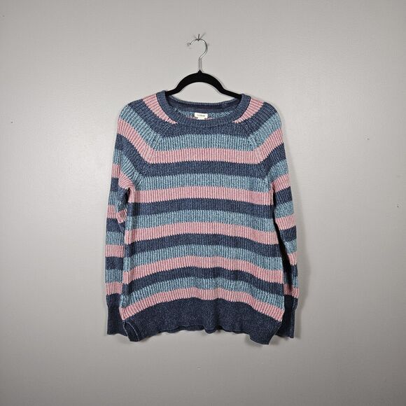 LL Bean Coastal Cotton Knit Sweater Pink Blue Striped Pullover Crew Neck Medium - Picture 1 of 6
